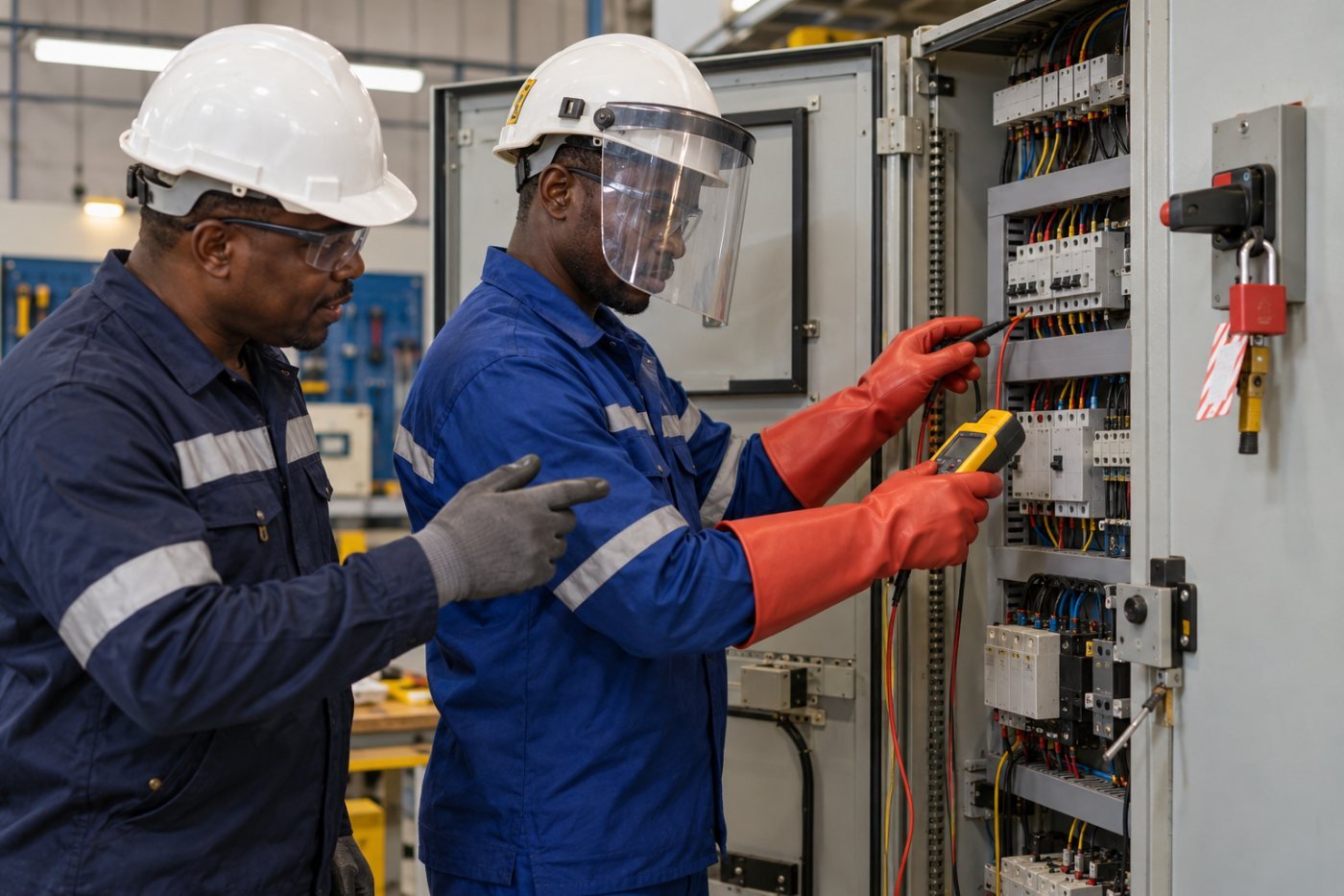 Électricien vérifiant l'absence de tension